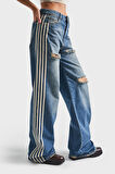 Kadın T.Kot Rengi 10S5-32 Yandan Şerit Detaylı Lazerli %100 Koton Tasarım Denim Jean