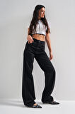 Kadın Siyah Renk 1s5-1 Loose Fit Orta Bel Viskon Kumaş %100 Koton Denim Jean