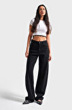 Kadın Siyah Renk 1s5-1 Loose Fit Orta Bel Viskon Kumaş %100 Koton Denim Jean