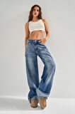 Kadın Mavi Renk 10S5-65 Paça Detaylı Süper Uzun %100 Koton Orta Bel Relax Fold Up Denim Jean