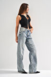 Kadın Kot Rengi 4S5-65 Çiçek Nakışlı Loose Fit Orta Bel %100 Koton Denim Jean