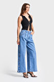 Kadın Mavi Kot Rengş 1S5-4 Palazzo Fit Yandan Ful Düğme Yırtmaçlı Tasarım Denim Jean