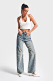 Kadın T.Kot Rengi 4S5-32 Yandan Nakışlı Straight Fit Yüksek Bel Tasarım Denim Jean
