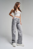 Kadın Gri Renk D4S5-12 Kemeri Dantelli Straight Fit Yüksek Bel %100 Koton Denim Jean