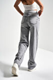 Kadın Gri Renk D4S5-12 Kemeri Dantelli Straight Fit Yüksek Bel %100 Koton Denim Jean