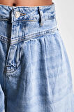 Kadın Mavi Renk 2S5-4 Baggy Fit Pileli %100 Koton Denim Jean