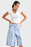 Kadın Snow Kot Rengi 3S5-3 Maxi Boy Baggy %100 Koton Denim Şort