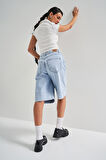 Kadın Snow Kot Rengi 3S5-3 Maxi Boy Baggy %100 Koton Denim Şort
