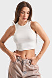 Kadın Beyaz Renk Halter Yaka İnce Fitil Kaşkorse Crop Top