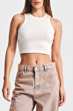 Kadın Beyaz Renk Halter Yaka İnce Fitil Kaşkorse Crop Top