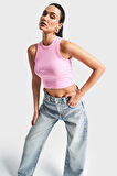 Kadın Pembe Renk s5-98 Halter Yaka Esnek Kaşkorse Kumaş Crop Top Body