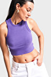 Kadın Mor Renk s5-111 Halter Yaka Esnek Kaşkorse Kumaş Crop Top Body