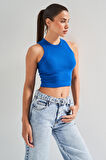 Kadın Saks Renk s5-103 Halter Yaka Esnek Kaşkorse Kumaş Crop Top Body