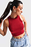 Kadın Kırmızı Renk s5-35 Halter Yaka Esnek Kaşkorse Kumaş Crop Top Body