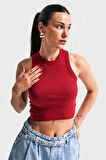 Kadın Kırmızı Renk s5-35 Halter Yaka Esnek Kaşkorse Kumaş Crop Top Body