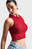 Kadın Kırmızı Renk s5-35 Halter Yaka Esnek Kaşkorse Kumaş Crop Top Body