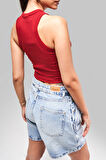 Kadın Kırmızı Renk s5-35 Halter Yaka Esnek Kaşkorse Kumaş Crop Top Body