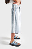 Kadın Ice Kot Rengi D-4S5-3 Süper Baggy Fit Dantel Şeritli Maxi Boy Denim Şort