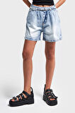 Kadın Snow Kot Rengi 4s5-27 Kemer Detaylı Midi Boy Pileli %100 Koton Denim Şort