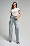 Kadın Kot Rengi T-S45-80 Damla Parlak Taşlı Straight Fit Yüksek Bel Tasarım Denim Jean