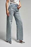 Kadın Kot Rengi T-S45-80 Damla Parlak Taşlı Straight Fit Yüksek Bel Tasarım Denim Jean