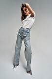 Kadın Kot Rengi T-S45-80 Damla Parlak Taşlı Straight Fit Yüksek Bel Tasarım Denim Jean