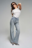 Kadın Kot Rengi T-S45-80 Damla Parlak Taşlı Straight Fit Yüksek Bel Tasarım Denim Jean