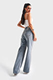 Kadın T.Kot Rengi T-4S5-32 Parlak Fiyonk Taşlı Straight Fit Tasarım Denim Jean
