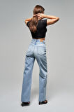 Kadın Snow Kot Rengi T-4S5-3 Straight Fit Yüksek Bel %100 Koton Parlak Taşlı Tasarım Denim
