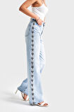 Kadın Kot Rengi D-4S5-3 Dantel Şerit Detaylı Straight Fit Yüksek Bel %100 Koton Tasarım Denim Jean