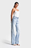 Kadın Kot Rengi D-4S5-3 Dantel Şerit Detaylı Straight Fit Yüksek Bel %100 Koton Tasarım Denim Jean
