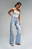 Kadın Kot Rengi D-4S5-3 Dantel Şerit Detaylı Straight Fit Yüksek Bel %100 Koton Tasarım Denim Jean