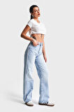 Kadın Ice Kot Rengi D-4S5-3 Straight Fit %100 Koton Yandan Dantelli Şerit Detaylı Tasarım Denim Jean