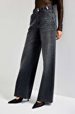 Kadın Füme Renk 2w5-1 Wide Leg Fit Bol Kesim %100 Koton Kemer Detaylı Denim Jean