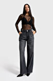 Kadın Füme Renk 2w5-1 Wide Leg Fit Bol Kesim %100 Koton Kemer Detaylı Denim Jean