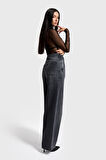 Kadın Füme Renk 2w5-1 Wide Leg Fit Bol Kesim %100 Koton Kemer Detaylı Denim Jean