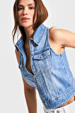 Kadın Mavi Renk 2s5-27 Sıfır Kol Fermuarlı %100 Koton Denim Yelek