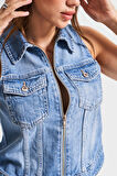 Kadın Mavi Renk 2s5-27 Sıfır Kol Fermuarlı %100 Koton Denim Yelek