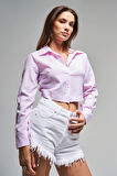 Kadın Pembe Çizgili Renk s5-98 Crop Fit Gömlek