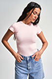 Kadın Pembe Renk s5-20 Süper Esnek Kumaş %100 Pamuk Bisiklet Yaka Basic Body