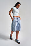 Kadın Snow Kot Rengi 3s5-3 Maxi Boy Baggy Fit %100 Koton Pileli Denim Bermuda Şort