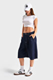 Kadın İndigo Renk 7s5-50 Skater Fit Maxi Boy Bol Kesim %100 Koton Denim Bermuda Şort
