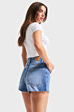 Kadın Mavi Renk 2s5-4 Mini Boy Mom Fit %100 Koton Yüksek Bel Denim Şort