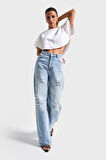 Kadın Snow Kot Rengi 12s5-3 Straight Fit Yüksek Bel İç Boy 80 Cm Yırtık Detaylı Denim Jean