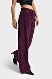 Kadın Mor Renk 26w5-111 Straight Fit Yüksek Bel Kalın Fitilli Velvet Kadife Kumaş Pantolon