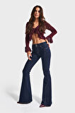 Kadın İndigo Renk 7w5-50 Midrise Flare Fit Esnek Elastan Kumaş Orta Bel Denim Jean