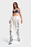 Kadın Beyaz Renk 5s5-2 Mavi Çiçek Nakışlı Straight Fit Yüksek Bel Özel Tasarım Denim Jean