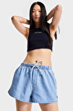 Kadın Mavi Renk 1s5-4 Mini Boy Bol Kesim Beli Lastikli %100 Koton Denim Şort