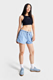 Kadın Mavi Renk 1s5-4 Mini Boy Bol Kesim Beli Lastikli %100 Koton Denim Şort
