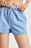 Kadın Mavi Renk 1s5-4 Mini Boy Bol Kesim Beli Lastikli %100 Koton Denim Şort